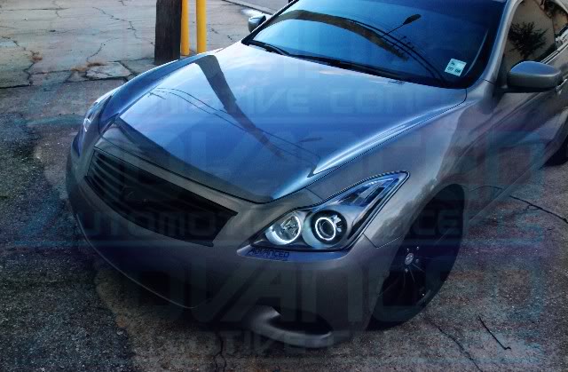 Front end of an Infiniti G37 with white LED headlight halo rings installed.