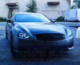 Front end of an Infiniti G37 with white LED headlight halo rings.