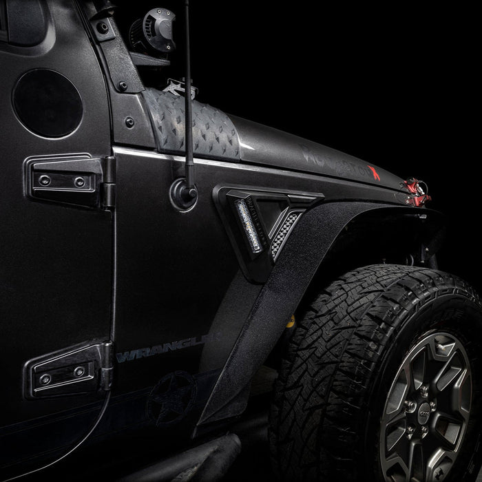 Close-up of Sidetrack™ LED Fender Lighting System installed on a Jeep Wrangler JK.