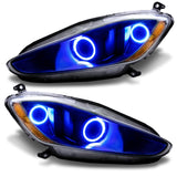 Maserati GranTurismo headlights with blue halo rings.