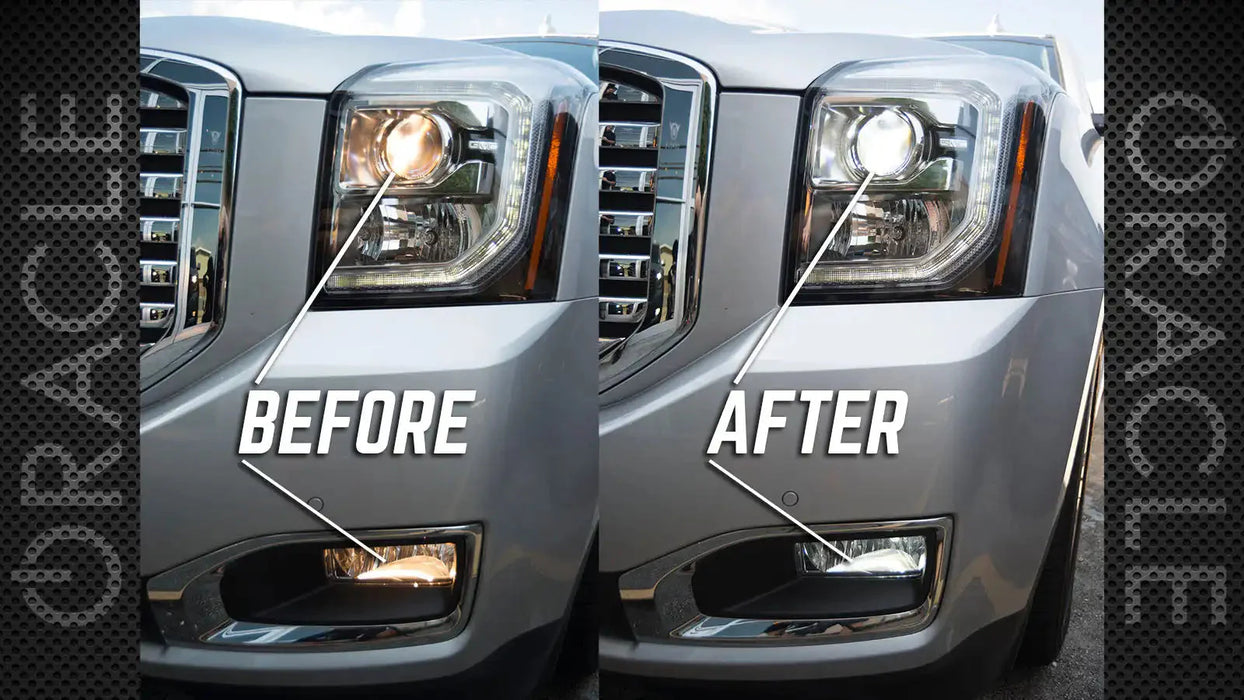 Side by side comparison of dim factory bulbs versus brighter LED bulbs