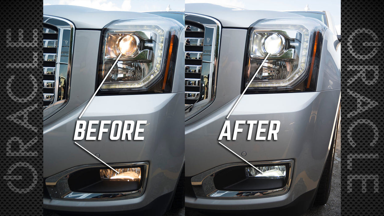 Side by side comparison of dim factory bulbs versus brighter LED bulbs.