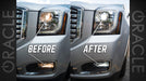 Side by side comparison of dim factory bulbs compared to brighter ORACLE LED bulbs.