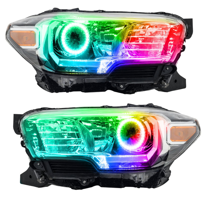 Toyota Tacoma headlights with rainbow LED halo rings.