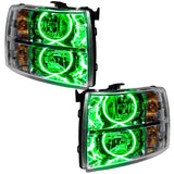 Chevrolet Silverado headlights with green LED halo rings.