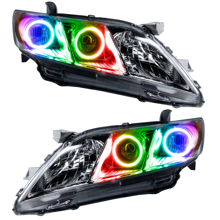 2007-2009 Toyota Camry Pre-Assembled Halo Headlights with ColorSHIFT LED halo rings.