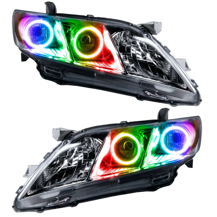 2007-2009 Toyota Camry Pre-Assembled Halo Headlights with ColorSHIFT LED halo rings.