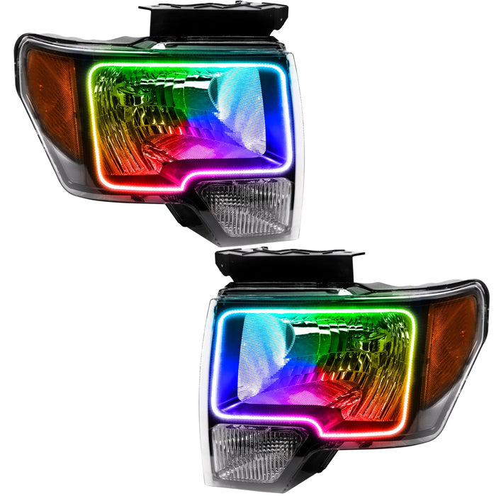 Ford F-150 headlights with ColorSHIFT LED halo rings.