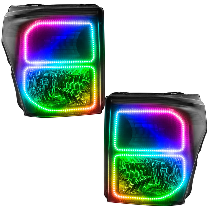 2011-2016 Ford F-250/F-350 Super Duty Pre-Assembled Headlights - Black with ColorSHIFT LED halo rings.