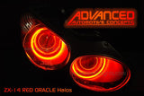 Close-up of Kawasaki ZX-14R Headlights with red LED halo rings.