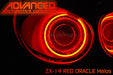 Close-up of Kawasaki ZX-14R Headlights with red LED halo rings.