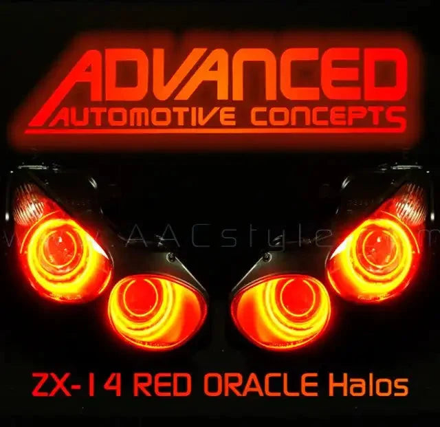 Close-up of Kawasaki ZX-14R Headlights with red LED halo rings.