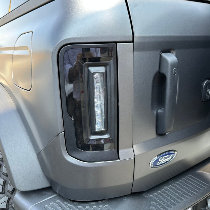 Close-up of Tinted Flush Style LED Tail Lights installed on a silver Ford Bronco.