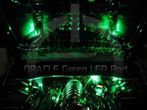 Engine bay with green flood lighting