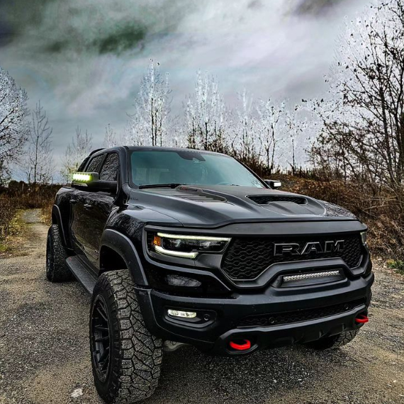 Front end of a RAM TRX with Front Bumper Flush LED Light Bar System installed.