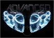 Toyota Supra headlights with white LED halo rings.