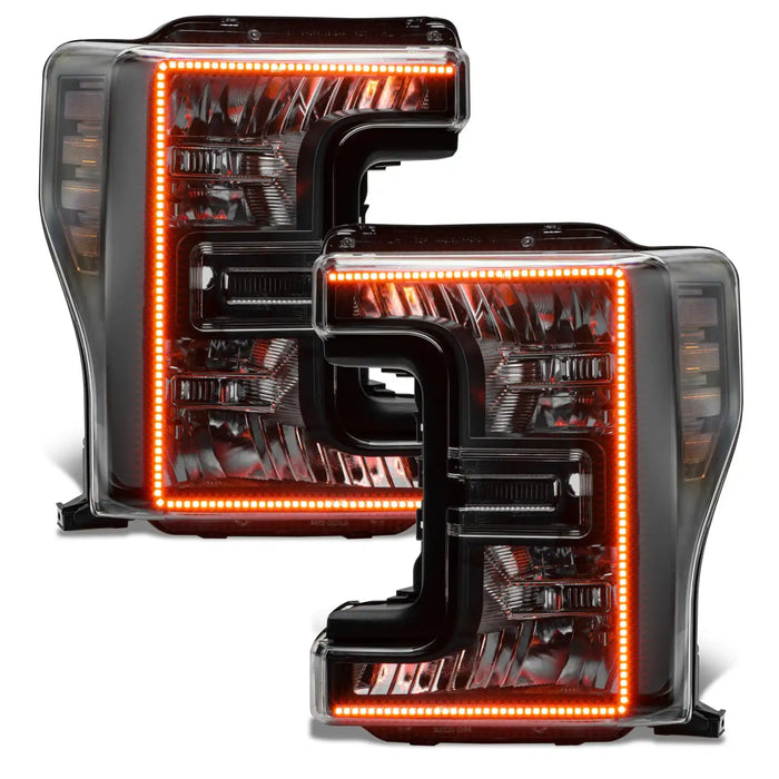 Ford SuperDuty headlights with amber halos.