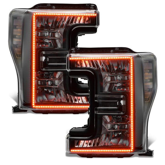 Ford SuperDuty headlights with amber halos.