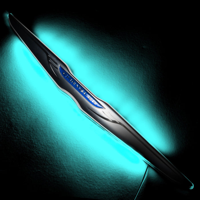 Gen II Chrysler Illuminated LED Rear Wing Emblem with cyan LEDs.