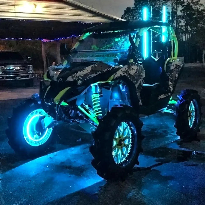 Three quarters view of a Can-Am with two Off-Road 6ft ColorSHIFT LED Whips installed on the rear end.
