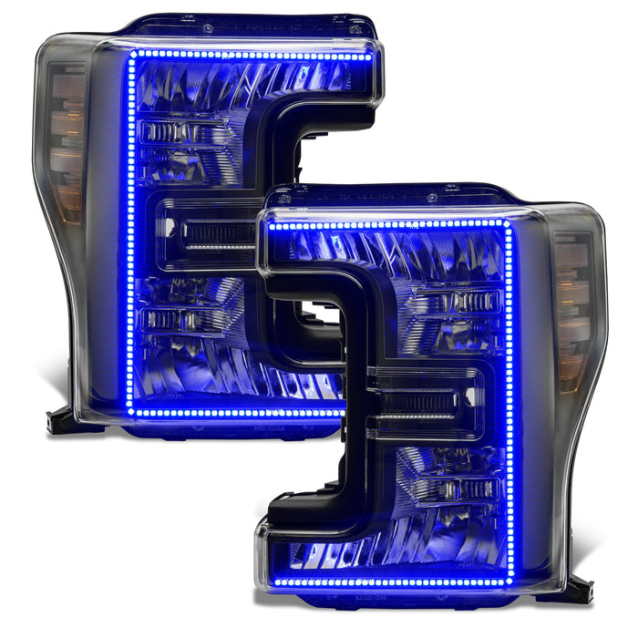 Ford SuperDuty headlights with blue halos.