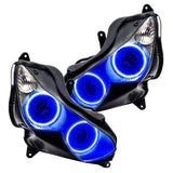 Kawasaki ZX-14R headlights with blue LED halo rings.