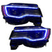 Jeep Grand Cherokee headlights with blue DRLs.