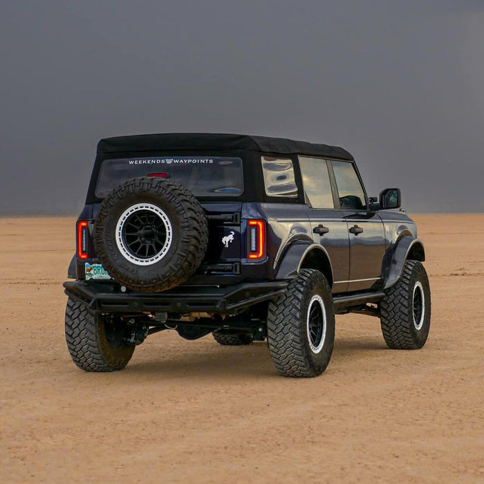 Rear three quarters view of blue Ford Bronco equipped with Flush Style LED Tail Lights.