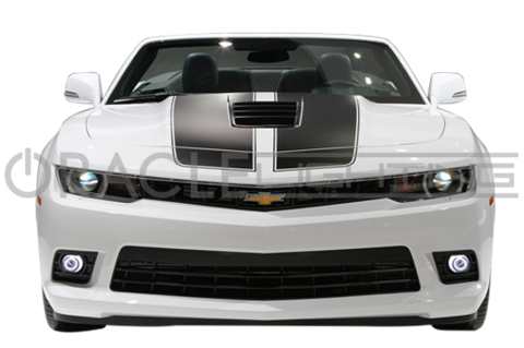 Front end of a white Chevrolet Camaro with white LED fog light halo rings installed.