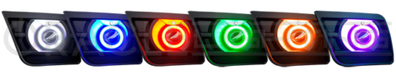 Grid view of Chevrolet Camaro fog lights showing different color surface mount LED halo rings.