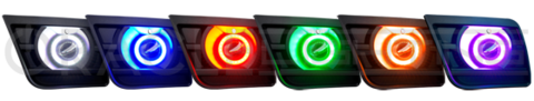 Grid view of Chevrolet Camaro fog lights showing different color surface mount LED halo rings.