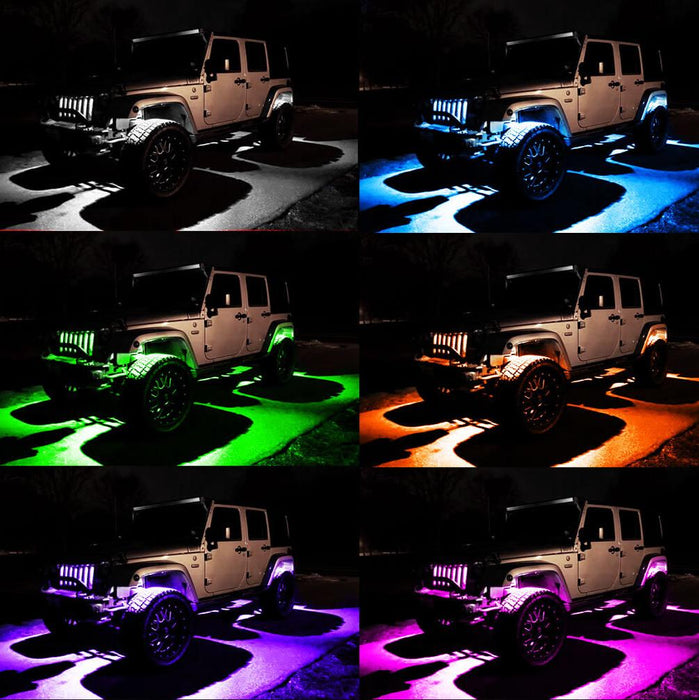 Grid view of all rock light colors installed on a Jeep.