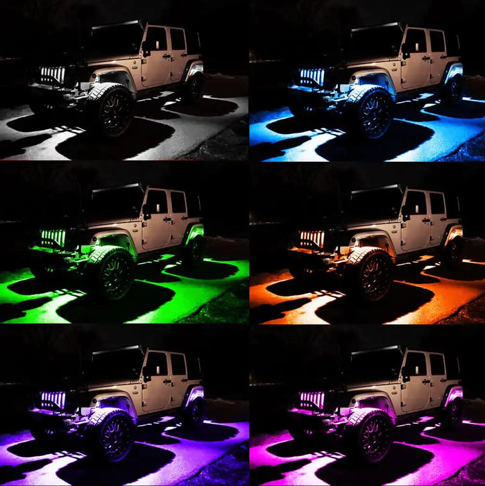 Grid view of all rock light colors installed on a Jeep.