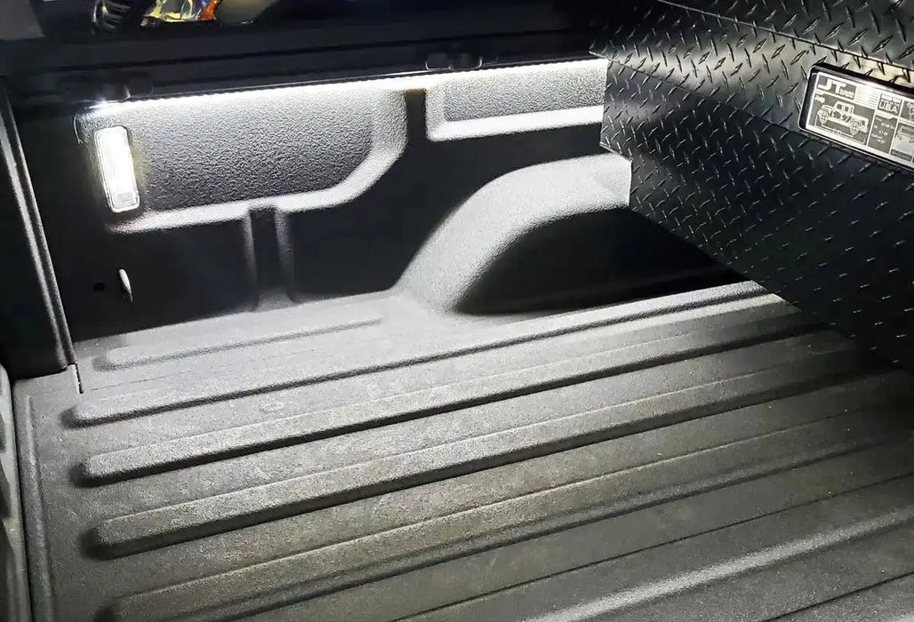 Truck bed with Truck Bed LED Cargo Light 60” Pair w/ Switch installed.