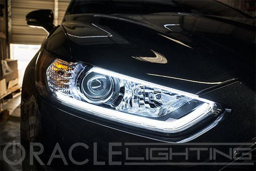 Close-up of a car headlight with 24" LED Accent DRLs installed.