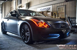 Three quarters view of an Infiniti G37 with red LED headlight halo rings installed.