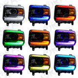 Grid view of GMC Sierra headlights showing different color DRLs.