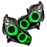 Kawasaki ZX-14R headlights with green LED halo rings.