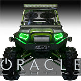 Front view of a Polaris RZR with green headlight halos installed.