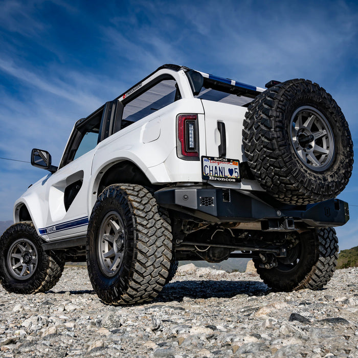 Low rear shot of a white Ford Bronco with Flush Style LED Tail Lights installed.
