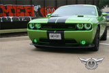 Front end of a green Dodge Challenger with green LED headlight and fog light halo rings installed.