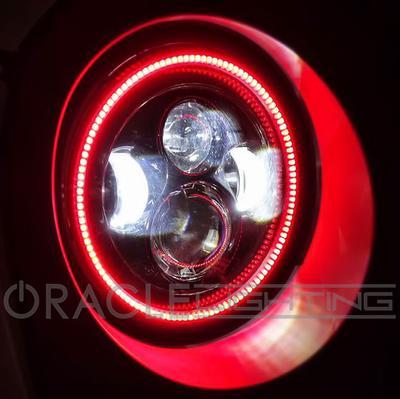Close-up of 7" High Powered LED Headlights installed on a Jeep.