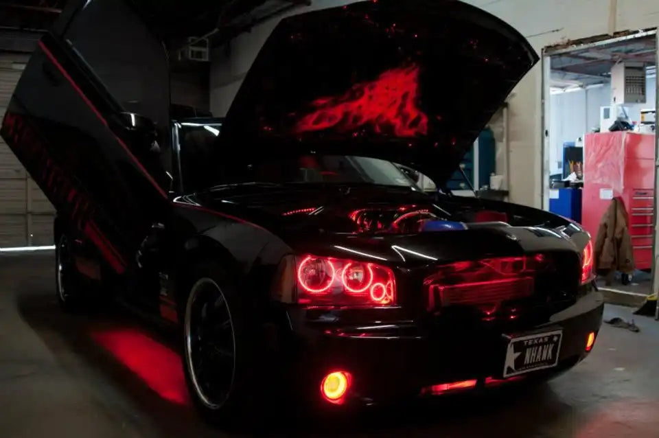 Charger with red engine bay lighting kit installed.