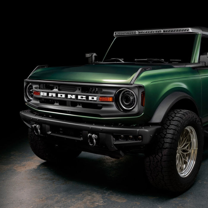 Three quarters view of green Ford Bronco