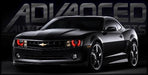 Three quarters view of a Chevrolet Camaro with red LED headlight halo rings installed.