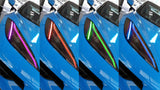 Four images of a blue C8 Corvette side by side, showing different color headlight DRLs.