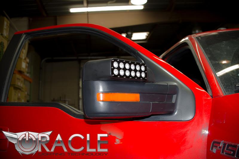 Close-up of LED Off-Road Side Mirrors installed on a Ford F-150