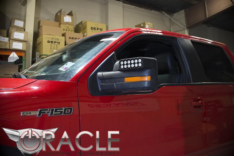 Close-up of LED Off-Road Side Mirrors installed on a Ford F-150.
