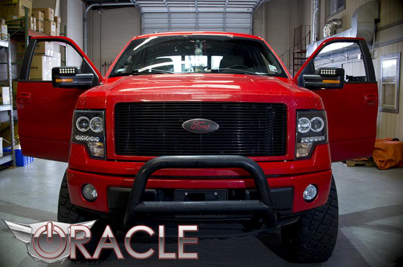 Front view of a Ford F-150 with LED Off-Road Side Mirrors installed.