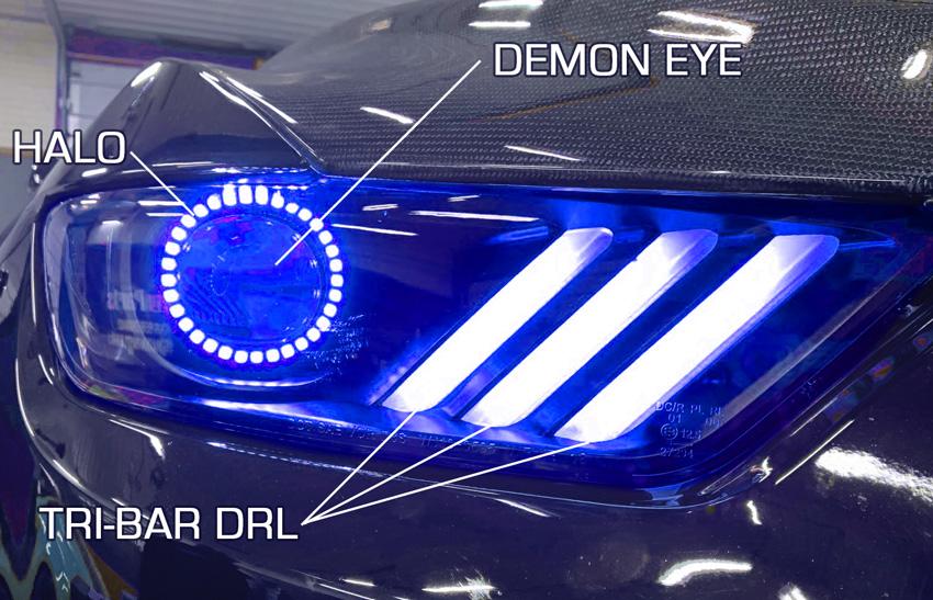 Close-up on Ford Mustang Pre-Assembled Headlights with parts labeled